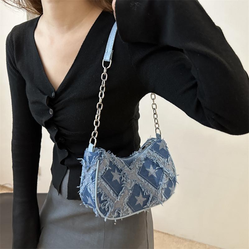Street Style Star Pattern Denim Chain Crossbody Bag With Zipper Closure For Daily Use