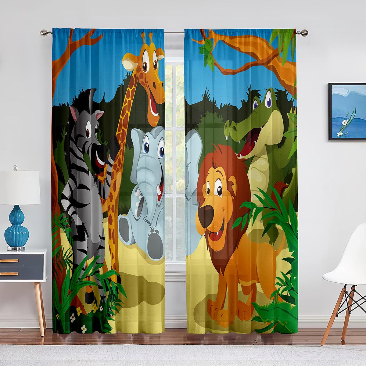 Мультфильм Дикое животное в джунглях Тюль Вуаль Шторы для гостиной Спальня Слоны Жирафы Семья Шифон Прозрачная занавеска 1 PCS W100XH250cm&Rod Pocket
