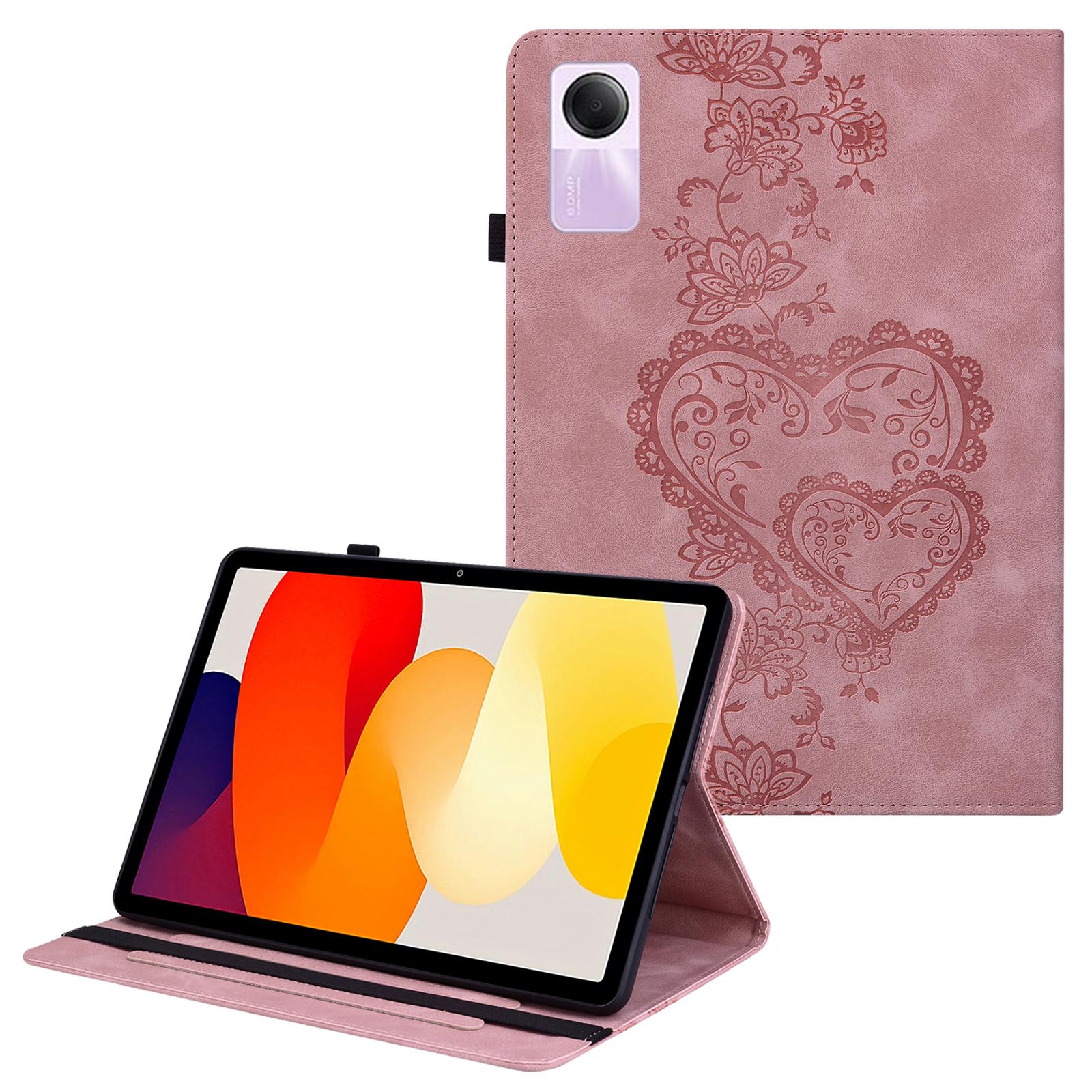 

For Xiaomi Redmi Pad SE Leather Case Heart Imprint Foldable Stand Card Slot Stylus Holder Tablet Cover Pink