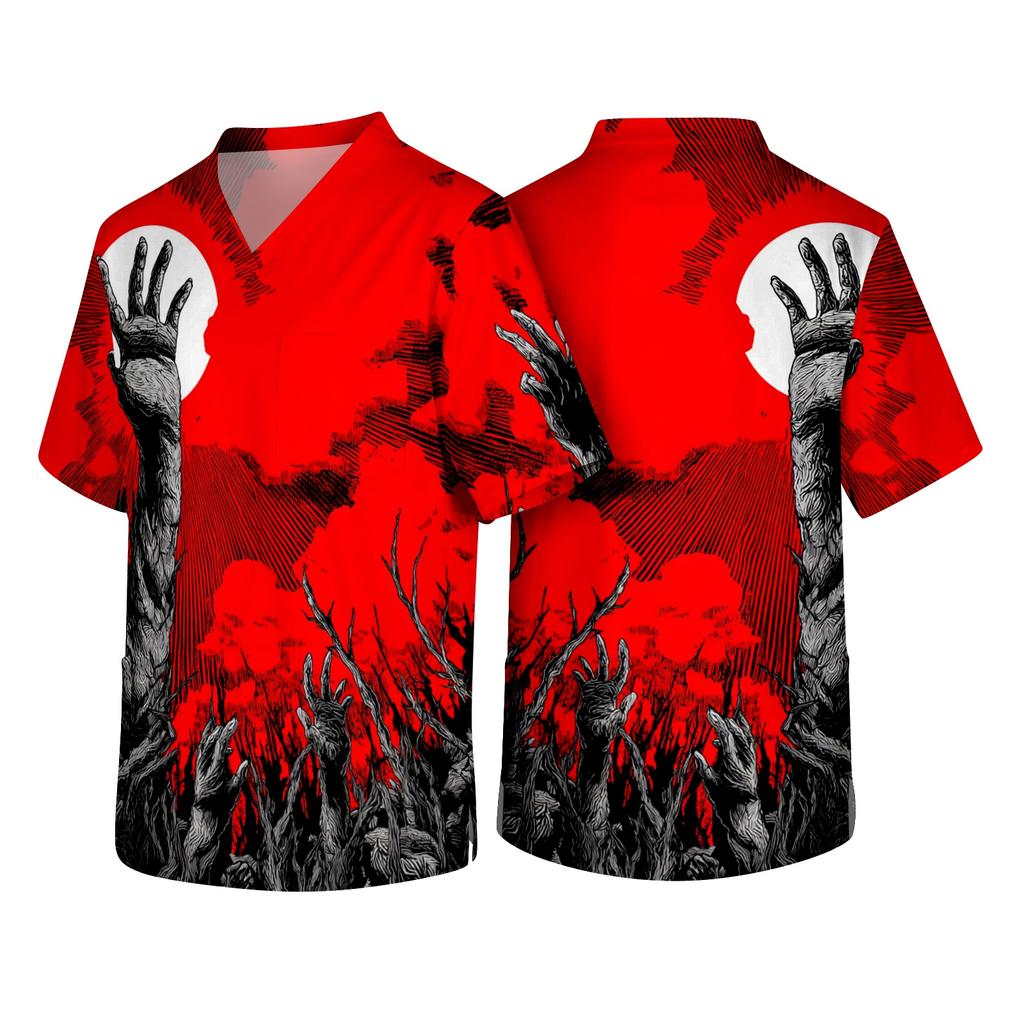Men V Neck Short Sleeve Halloween Print Chest Pocket Scrub Top Comfortable Fit Soft Fabric Workwear Shirt