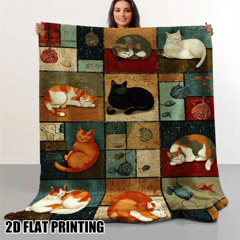 Tinika Chen Unisex Luxury Plush Cat & Tabby Patchwork Flannel Blanket - All-Season Soft Bedspread With Multi-Color Cat Patterns (Tabby/Tortoiseshel