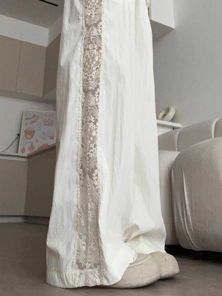 Korean Textured Cream Lace Openwork Pants - Women's Spring/Summer 2025 Petite Patchwork Casuals