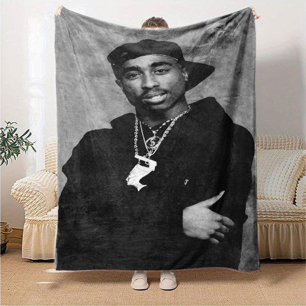 1pc 2PacHip Hop Blanket Soft Lightweight All Season Multi Purpose Throw for Sofa, Bed, Office & Picnics, French Style with Iconic Album Art & Quotes