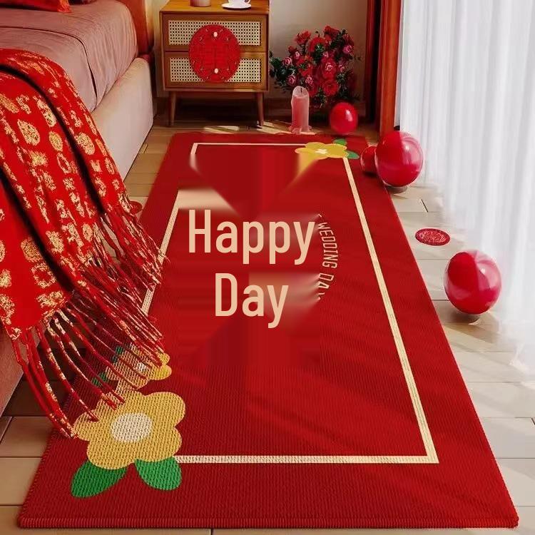 Festive Red Velvet Wedding Bedside Rug - Elegant Chinese-Inspired Bedroom Carpet for Wedding Decor