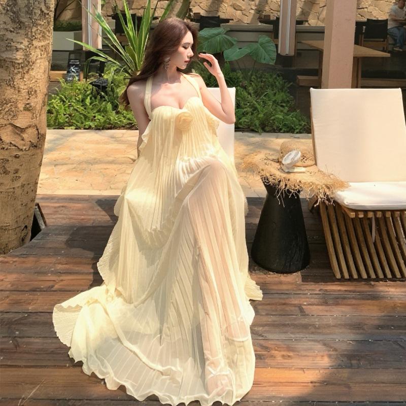 Mesh neck tube top backless atmosphere dress island vacation dress