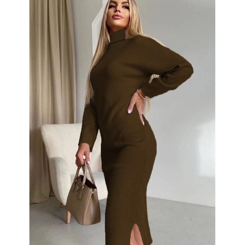 Samt-Rollkragen-Hemd für Damen Herbst und Winter Neues Kleid mit langem Schlitz für Damen