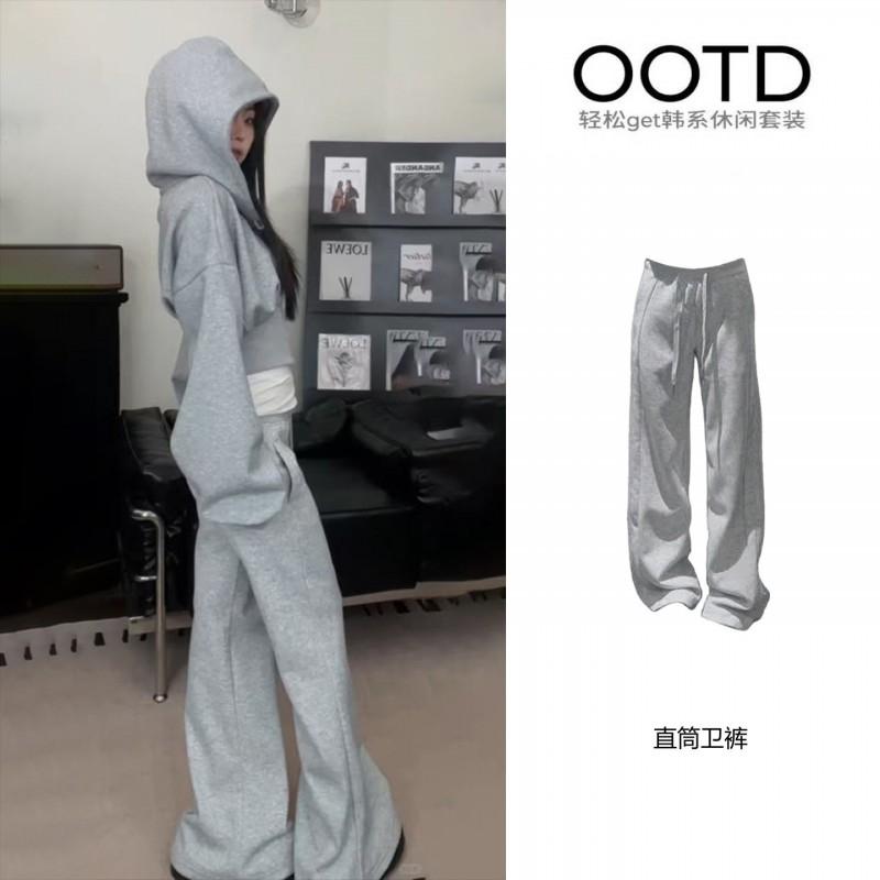 Womens 2-Piece Casual Set Fall 2026 Korean Style Hooded Cropped Sweatshirt Wide Leg Pants Gray Mix