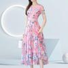 Waist Tight Floral Print Summer Women Midi Dress Streetwear Short Sleeve Dress for Party