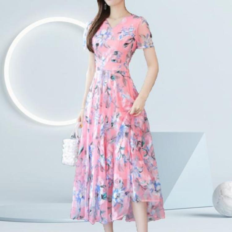 Waist Tight Floral Print Summer Women Midi Dress Streetwear Short Sleeve Dress for Party