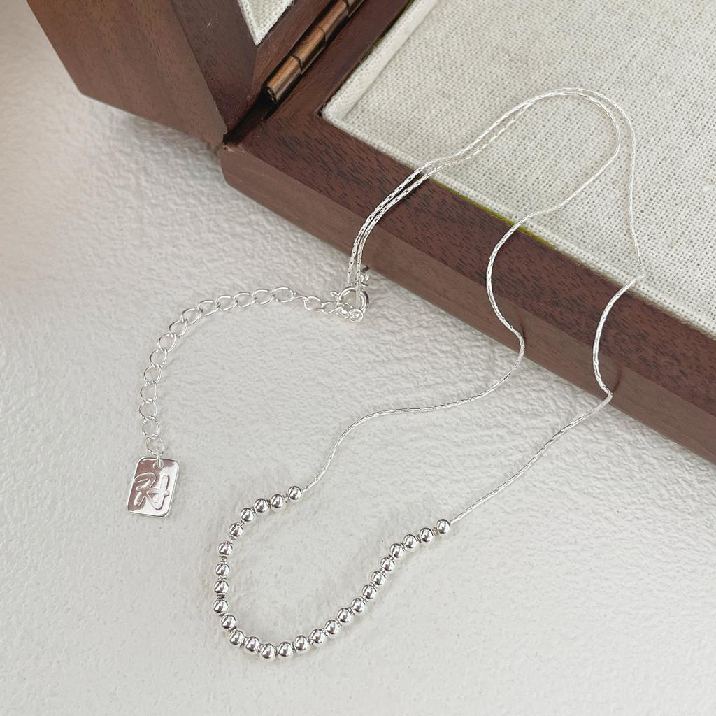 Korean ins style handmade beaded high-end sense simple round beads stacked collarbone chain S925 sterling silver necklace