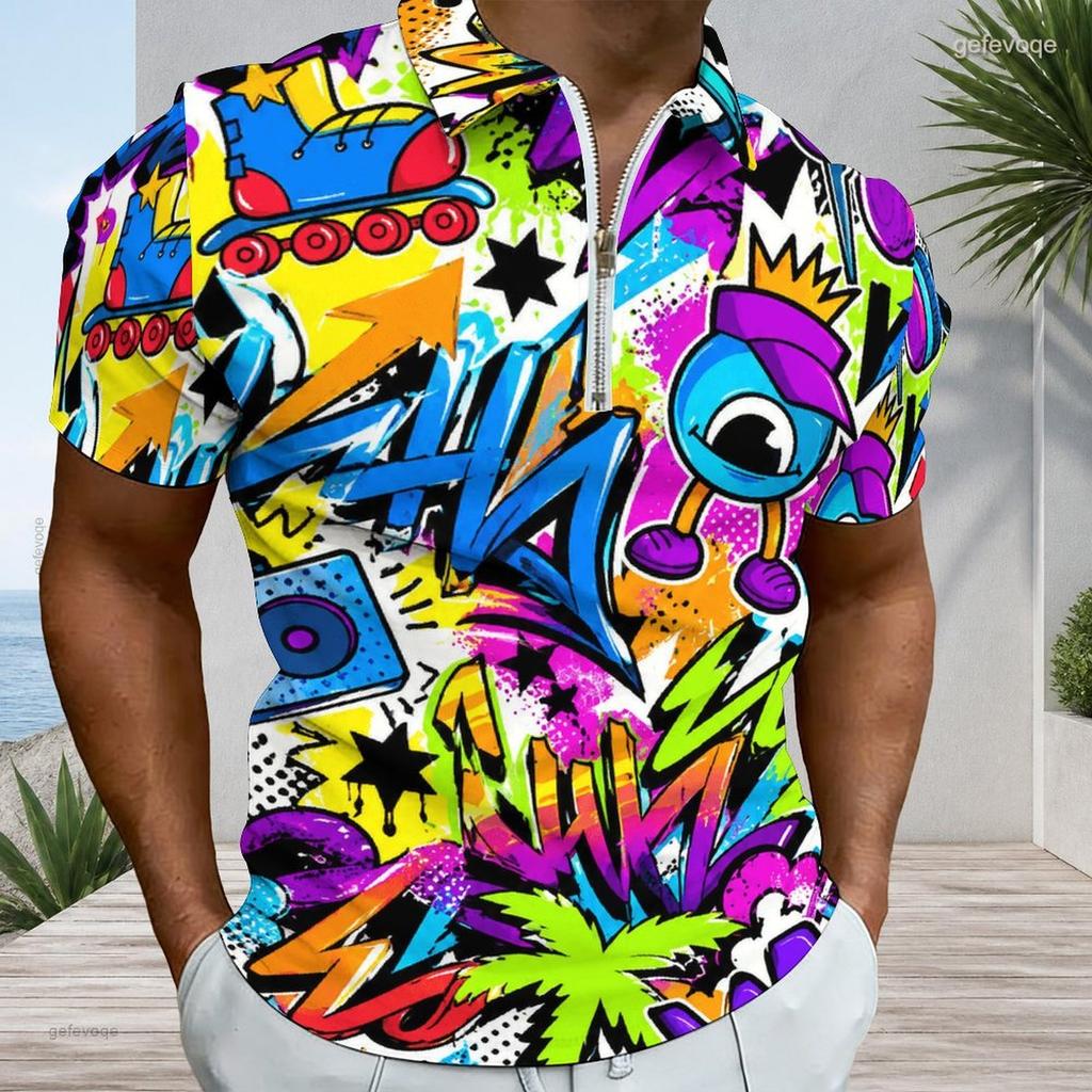 Men Plus Size Short Sleeve Quarter Zip Collared Colorful Graffiti Printed Polo Shirt