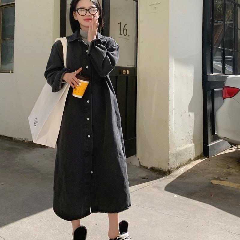Korean Chic Simple Lapel Single-Breasted Denim Shirt Dress for Women - Spring/Autumn Casual Long Style