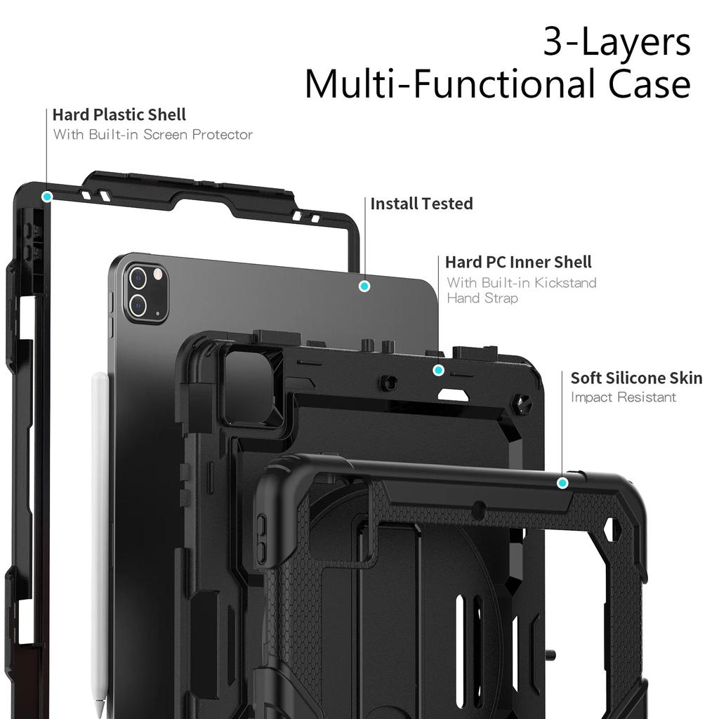 For iPad Pro 11 12.9 13 Inch Case Shockproof Stand Tablet Cover iPad Air 11 4 5 10.9 10th 11th Generation Cases+PET Screen+Strap