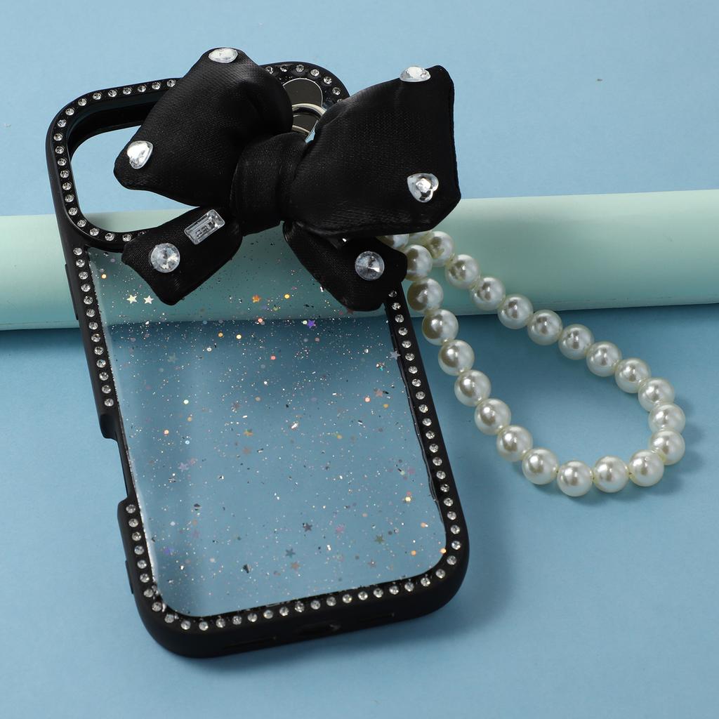 For iPhone 16 Pro Max Case Glitter Epoxy Design TPU+PC Phone Back Cover with Bow Strap,Rhinestone Decor