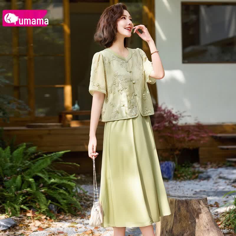 Fumama Embroidered Lightweight Summer Dress Set for Middle-Aged Women