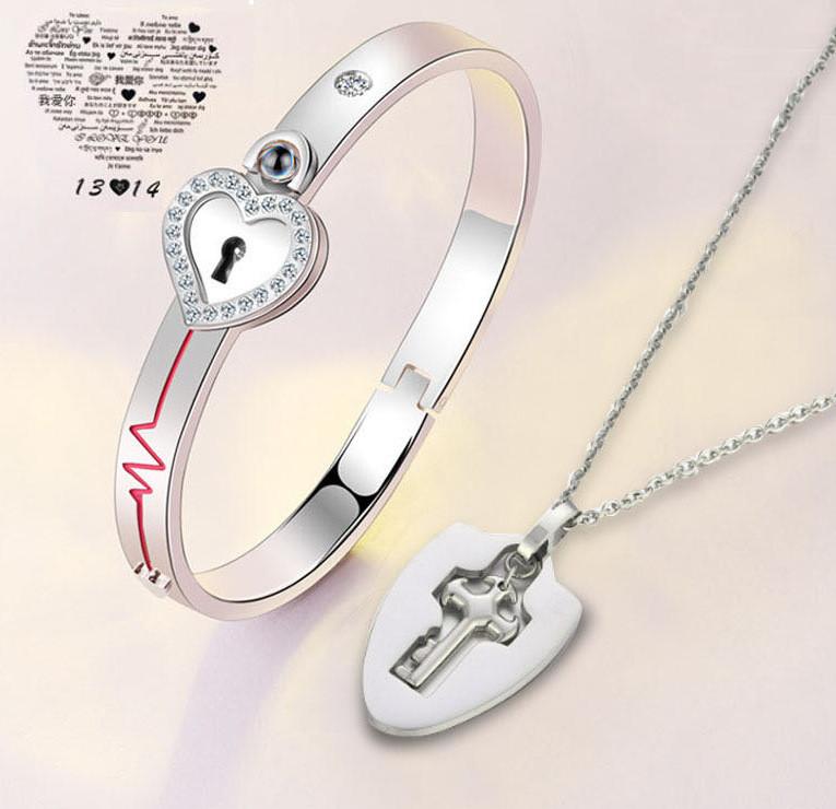 Braccialetto Coppia Lucchetto Cuore d'Amore Con Acciaio Inossidabile E Cristalli Incastonati Per Scambio di Regali Romantico