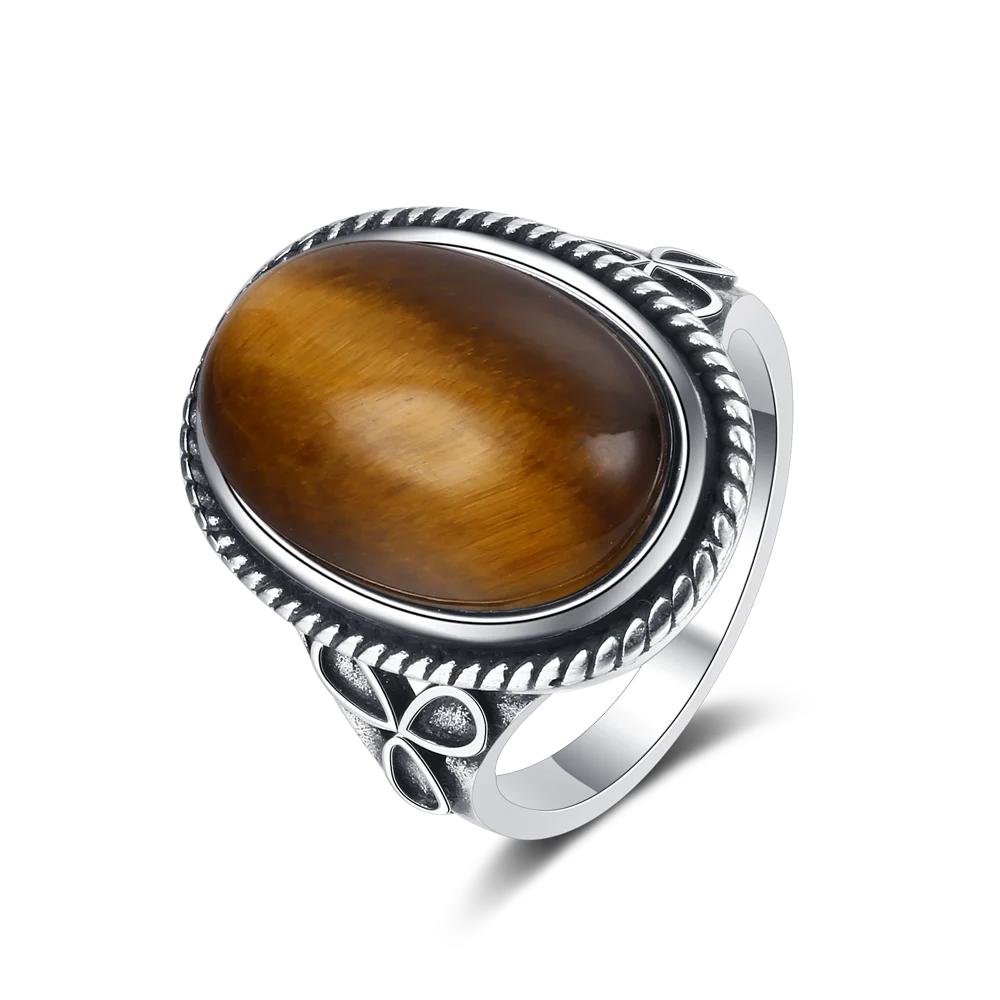 S925 Sterling Silver Retro Natural Labradorite Flower Rings Jewelry Silver Large Tiger Eye Engagement Wedding Gift for Women