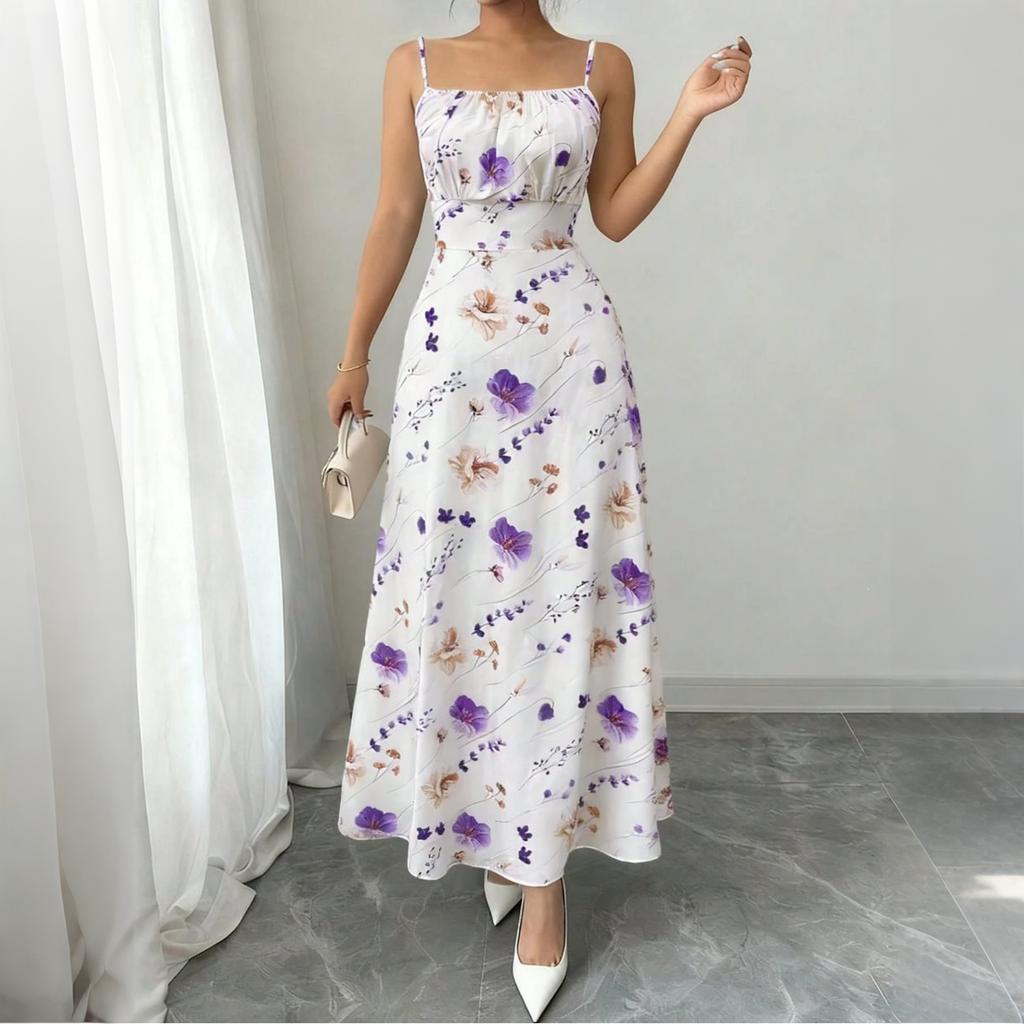 Women’s Sleeveless Spaghetti Strap Long Dress with Floral Print Lightweight Fabric and Square Neckline for Summer