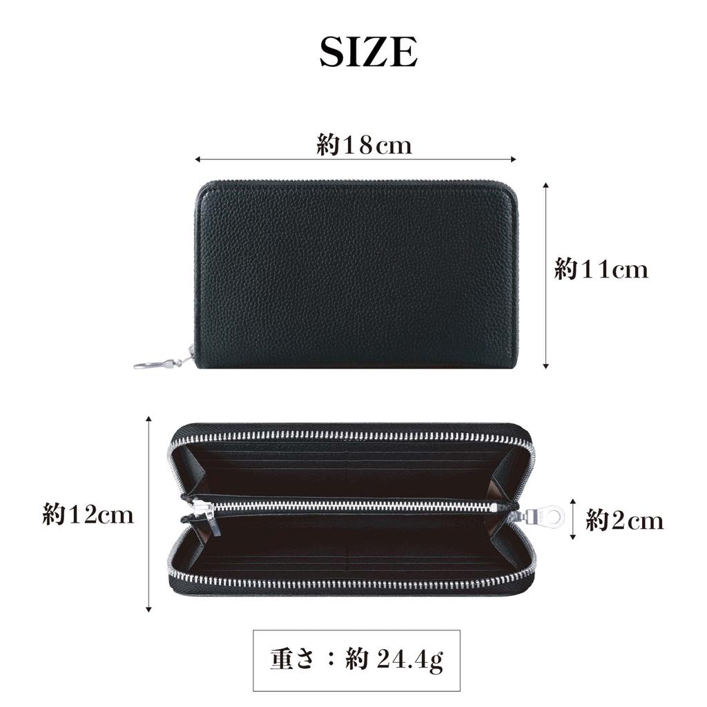 HANATORA Genuine Leather Long Wallet, Shrink Leather, Zippered, Slim, Card Case, Passbook Compartment, Bill Compartment, Simple Design, Dark