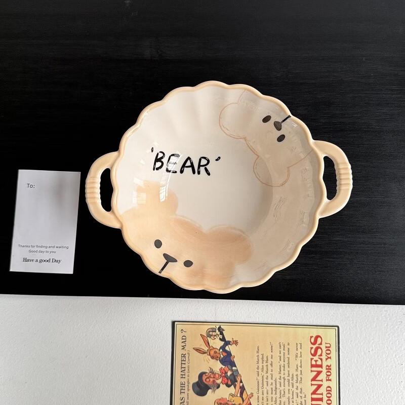 ZISIZ Cartoon Cute Bear Ceramic Double-Handle Bowl Set