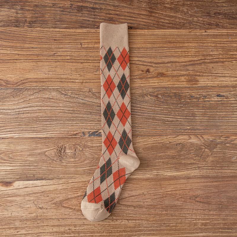 Vintage British Style Jk Calf Socks Women's Season Thickened Stockings Cotton Socks High Tube College Wind Rhombus Lattice Medium Tube Socks