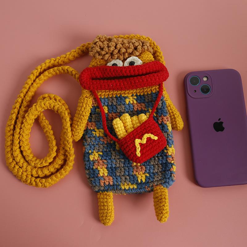 Hand Crocheted Sausage Mouth Ugly Cute Plush Phone Bag Women Cartoon Crossbody Small Purse