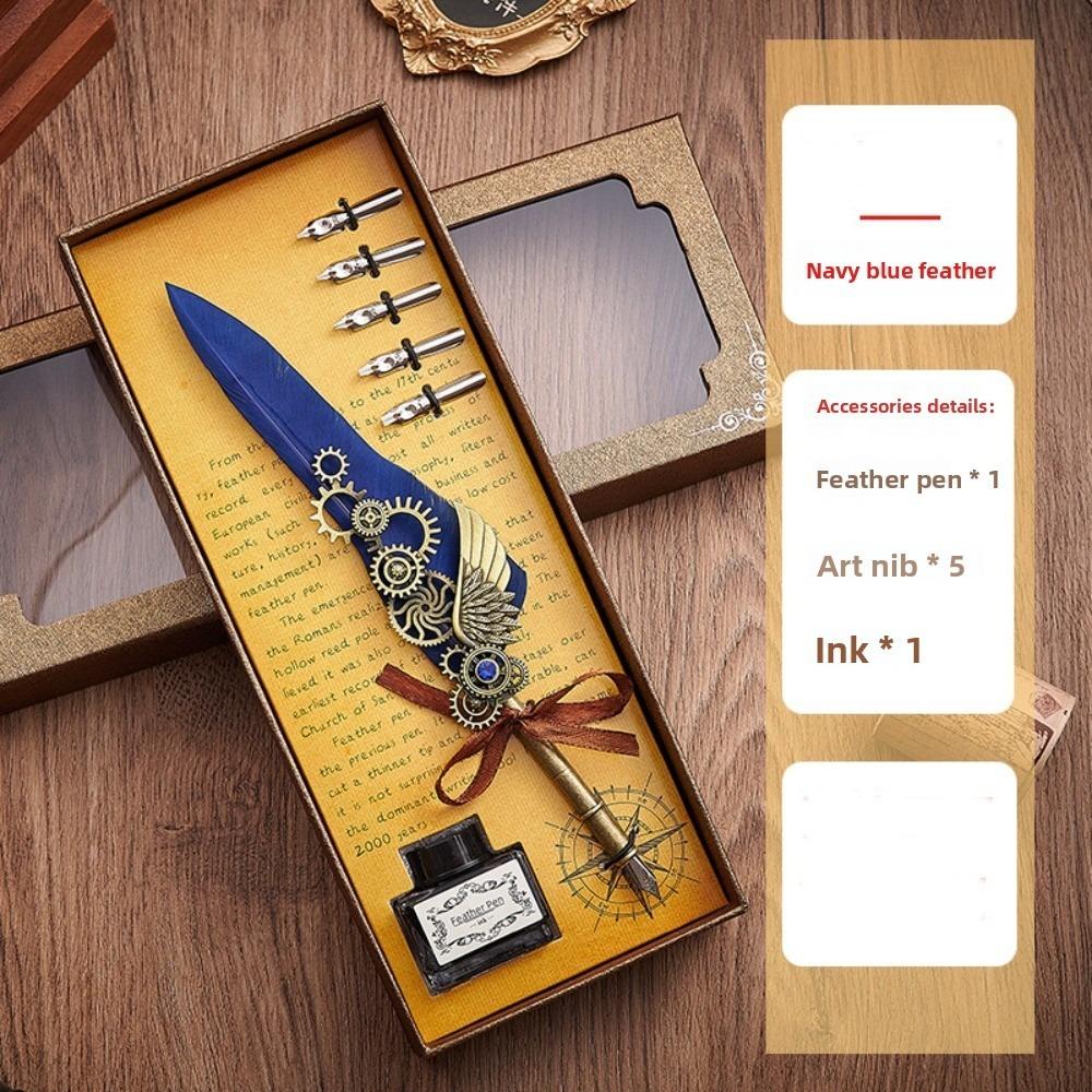 Replaceable 5 Nib Metal Signature Pen Retro Punk Feather Pen  Writing Accessories