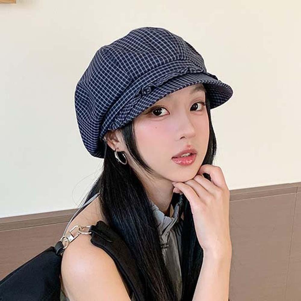 Korean Style Fine Plaid Beret Solid Color Spring Painter Cap Versatile Ruffle Octagonal Hat  Work