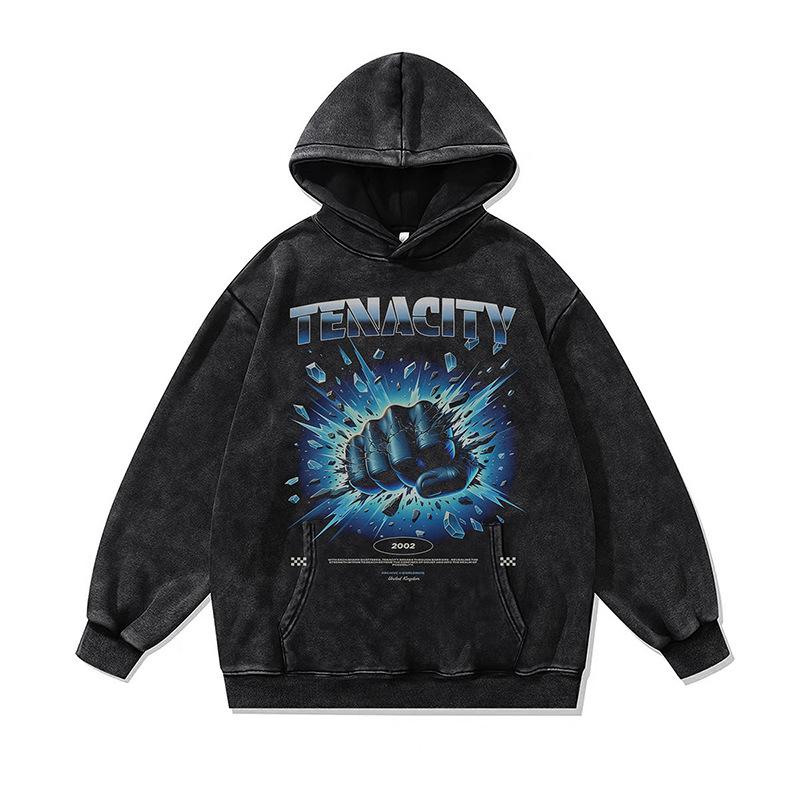 American High Street Retro Hooded Sweater Autumn And Winter Cartoon Digital Direct Injection Printing Washed Hoodie Men