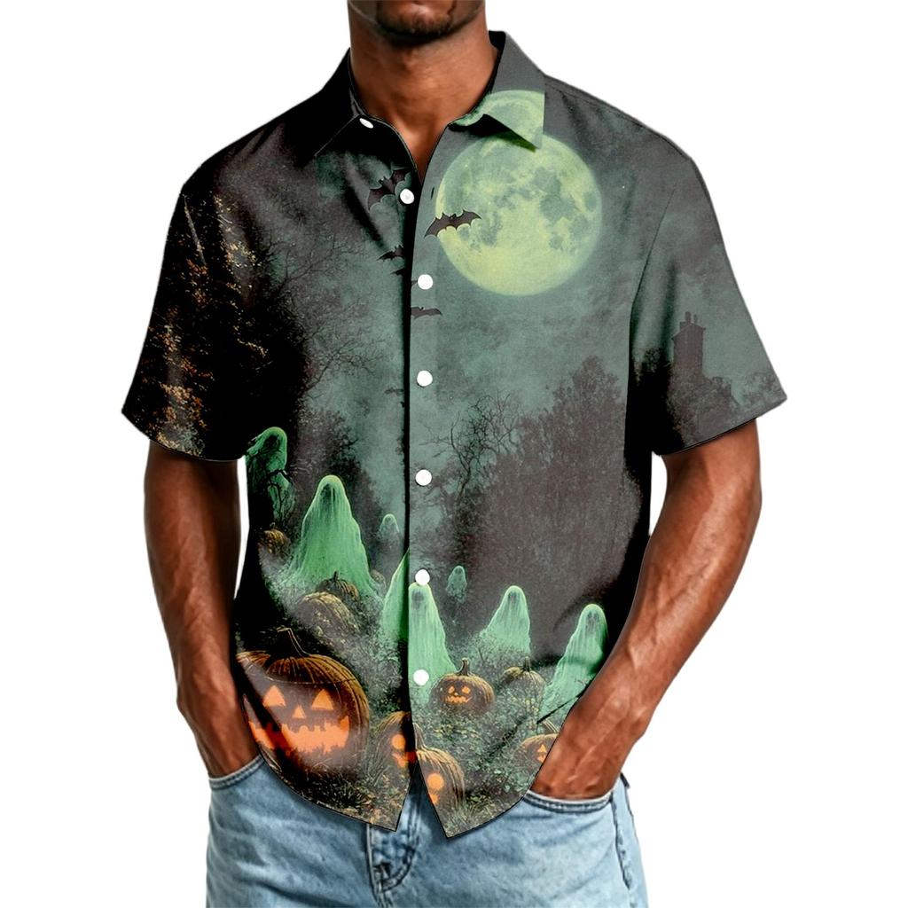 Men's Casual Short Sleeve Button Down Shirt Halloween Themed Printed Top Lightweight Breathable Fabric Relaxed Fit