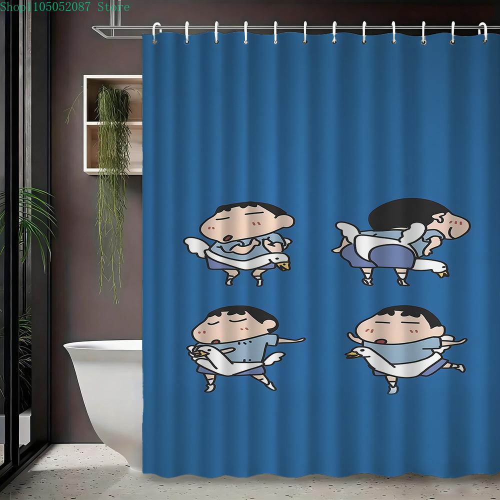 Crayon Shin-Chan & Himawari Superhero Press Conference Scene 2D Print Waterproof Shower Curtain, Blue Cityscape Bathroom Decor W