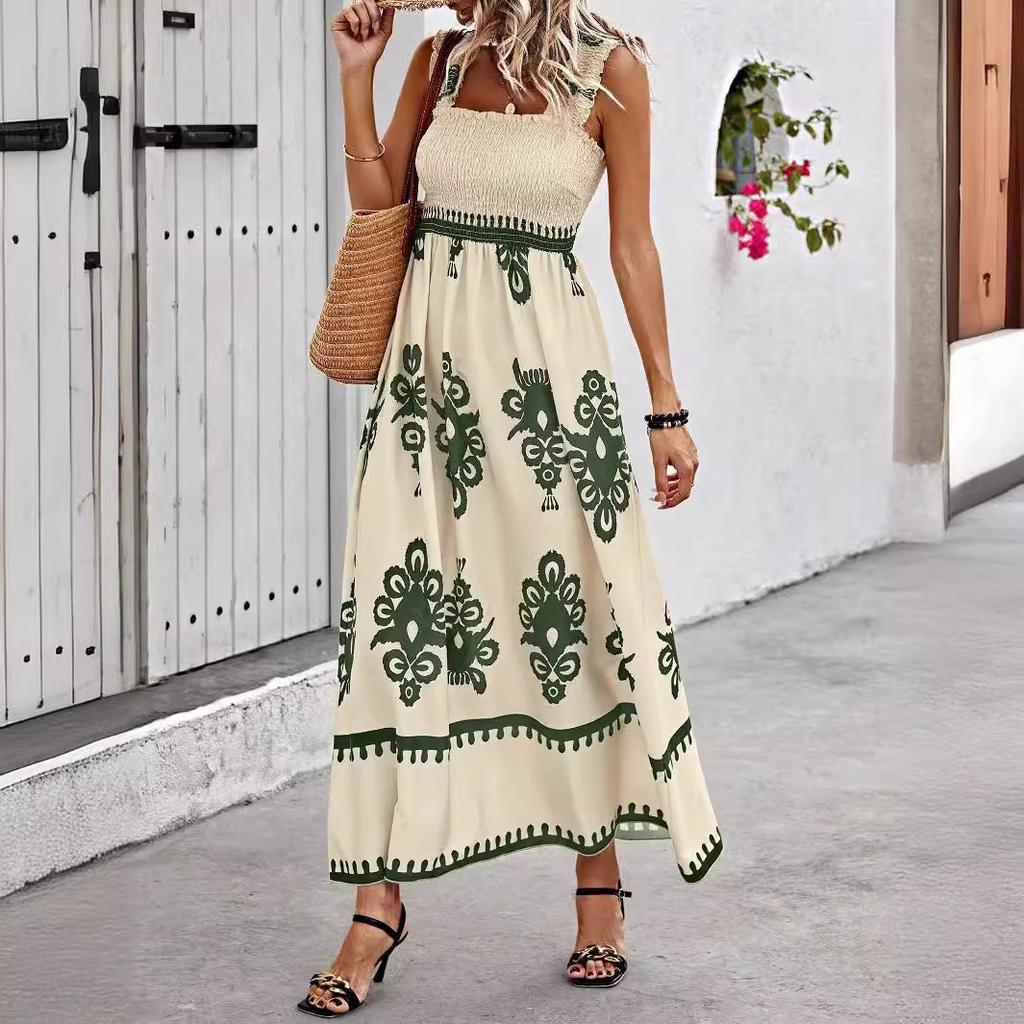 European and American new women's clothing Amazon hot-selling women's beach skirt vacation style printed chest wrap dress