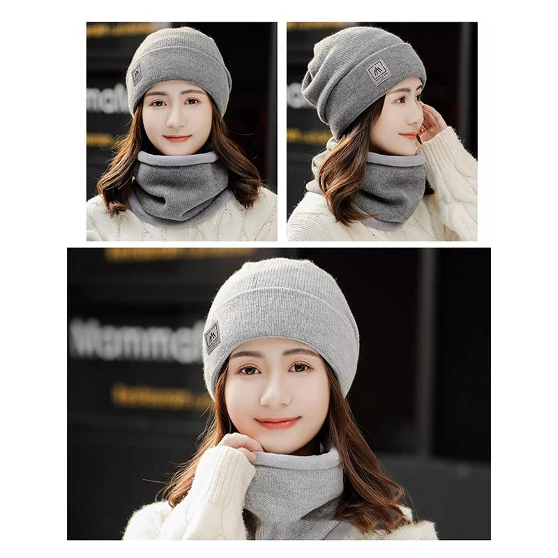 Women Knitted Beanie+Scarf Sets Thicken Velvet Lining Pullover Cap Unisex Winter Warm Plush Bonnet Neck Protection Scarves Hat