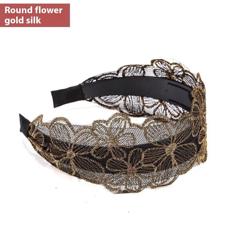 South Korean Gold Embroidered Headband Wide-Brimmed Short Hair Cover White Hair Artifact Hair Stamp All-Match Teeth Headband