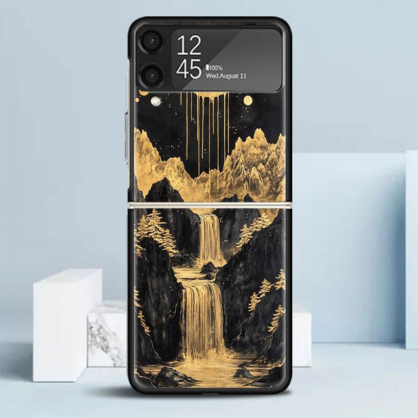 Chinese Style ink Painting Art Black Cover for Samsung Galaxy Z Flip 7 6 5 4 3 5G Phone Case Flip7 Flip6 Flip5 Flip4 Flip3 Patte