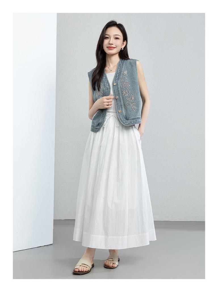 Xin Ge Women's Textured A-line Mid-length Skirt with Elastic Waist - Summer 2026 Collection