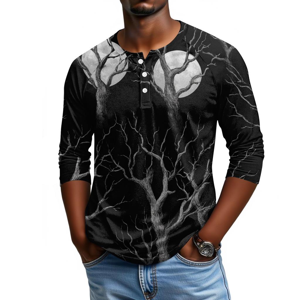 Men Casual Halloween Print Henley Shirt Raglan Three Quarter Sleeve Top Lightweight Comfortable Fabric