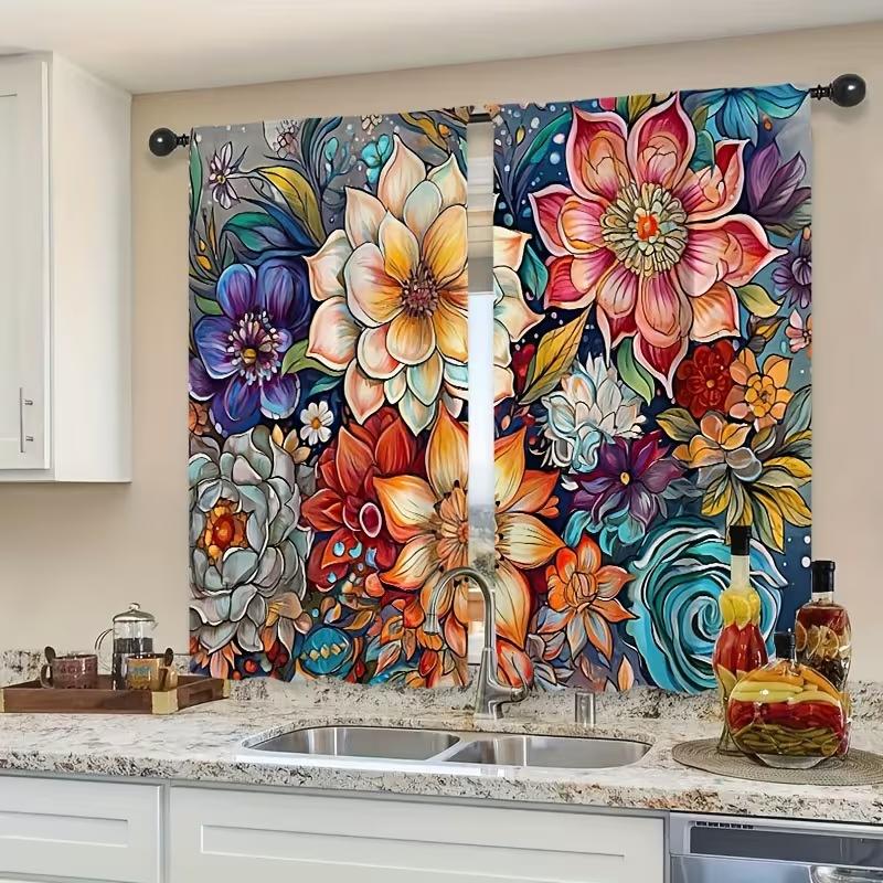 2 Pcs Colorful Big Flowers Print Curtains,suitable for Bedroom,living Room Kitchen Decoration,home Decoration,window Decoration