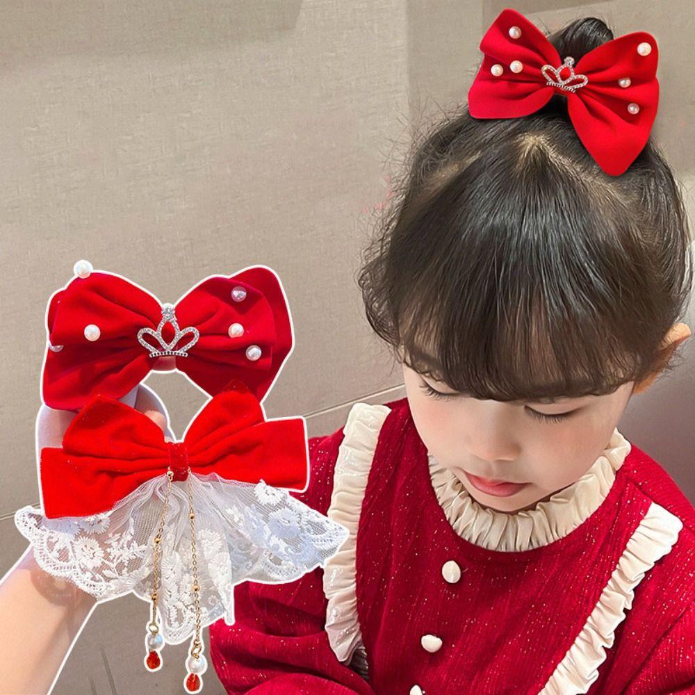 Cloth Chinese New Year Headwear Crown Hanfu Hair Sticks Simple Velvet Red Bow Hairpin Baby