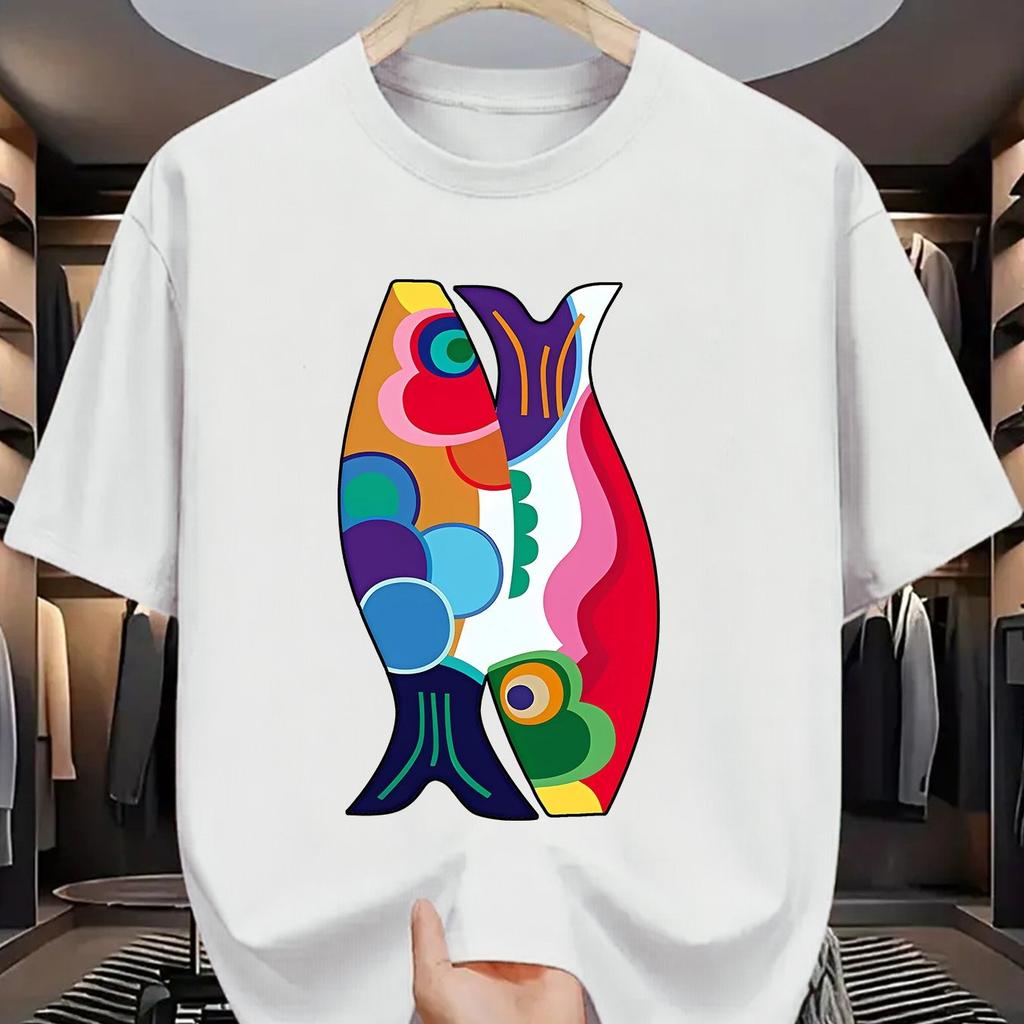 Buntes Fisch-Grafik-T-Shirt Herren Lockerer Print Kurzarm Baumwolle Freizeit-T-Shirt