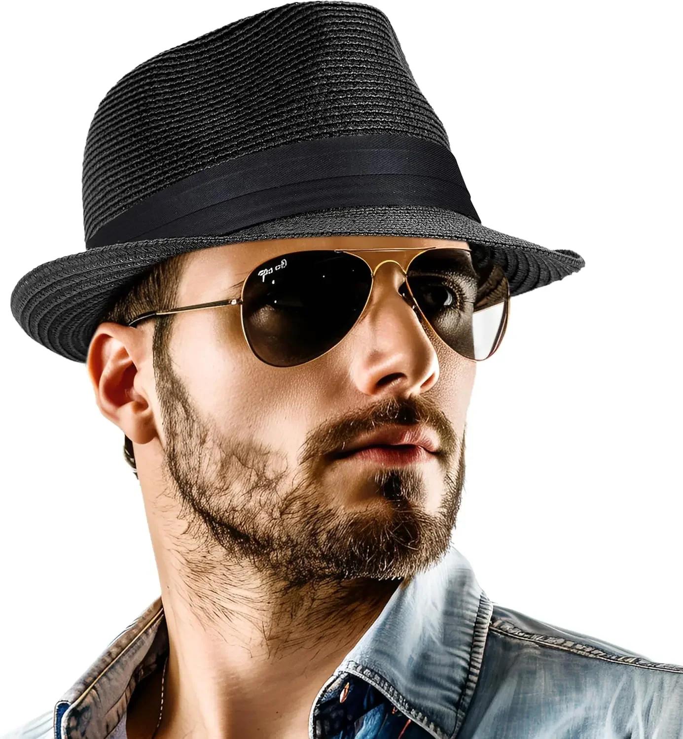 

Straw Fedora Hat for Women Men Packable Short Brim Roll Up Trilby Hat Panama Summer Beach Sun Hat UPF 50+ 58-60 чорний