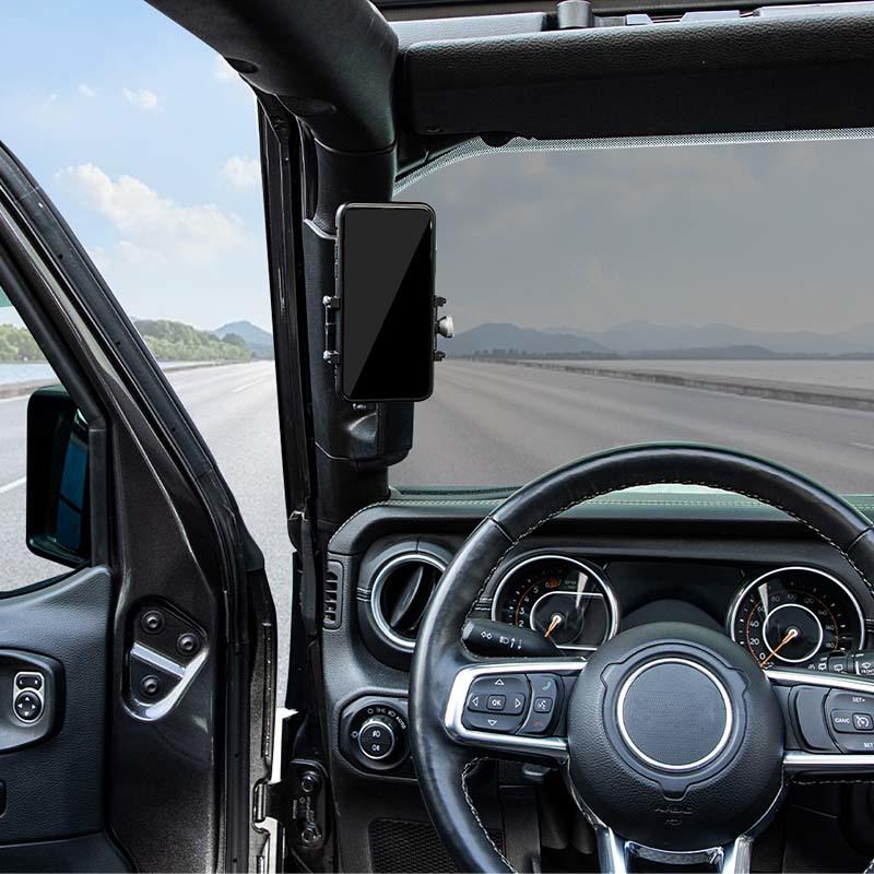 Uchwyt na telefon na słupku A, górny uchwyt, wspornik, stojak na telefon GPS, pasuje do Jeepa Wranglera JL dla JT Gladiatora 2018-2023, akcesoria do wnętrza samochodu