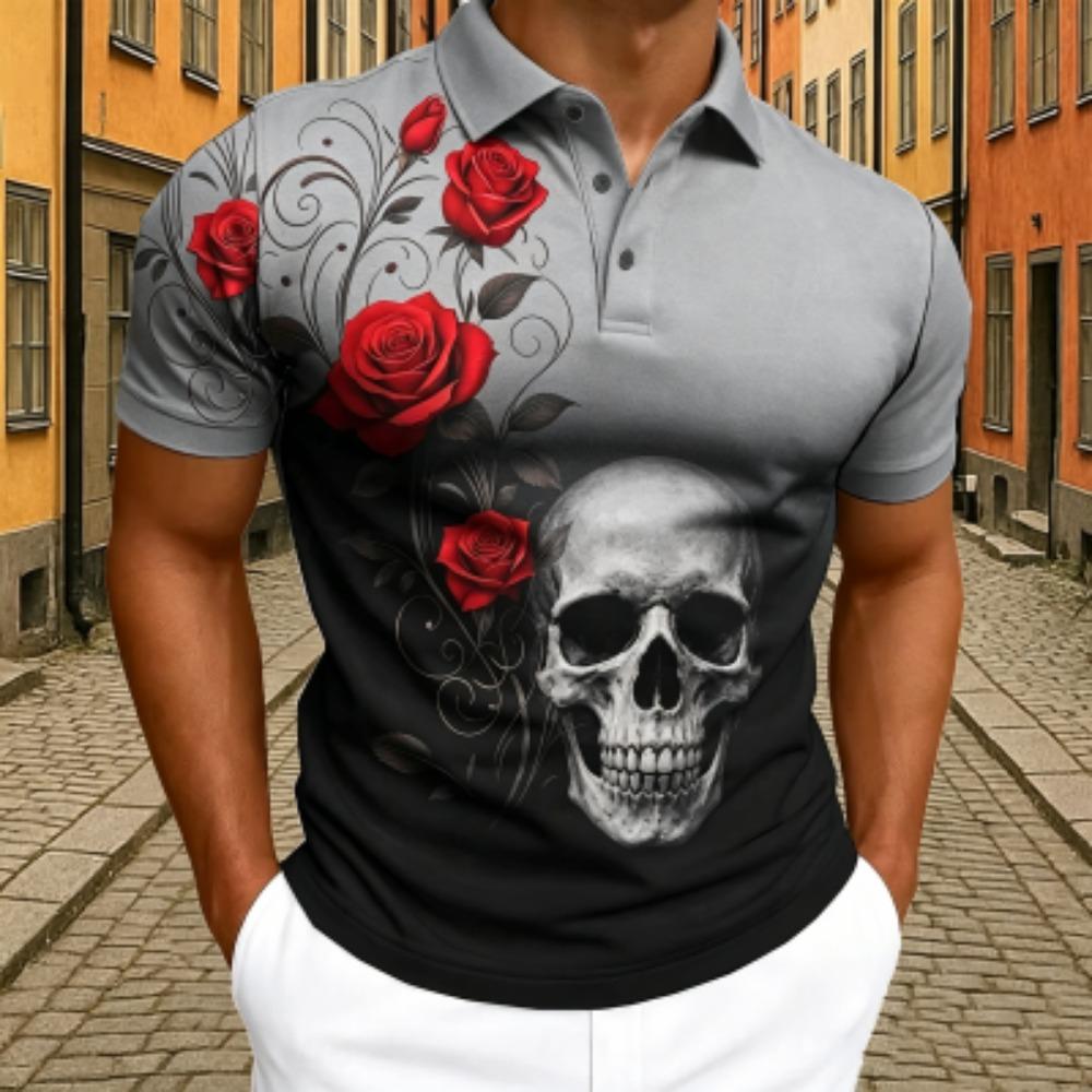 Men's Red Rose Floral Skull Print Polo Shirt Men's Outdoor Street Short Sleeve Tees Top Summer Home Casual T-shirt Men's and Women's Polo Shirt