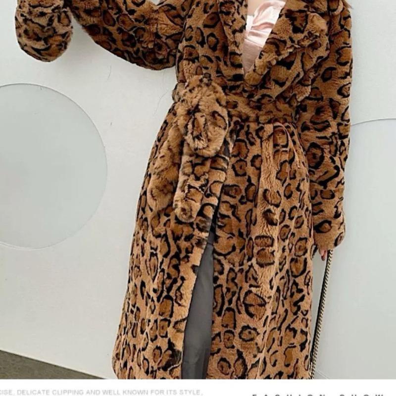Suit Collar Fur Waist Long Leopard Print Coat Loose Imitation Fur Jacket Women Autumn and Winter