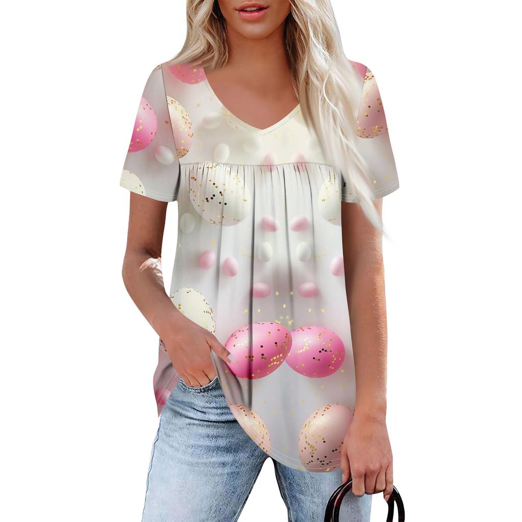 Ladies' Casual V-neck Short Sleeved Shirt With Pleated Easter Print On The Chest