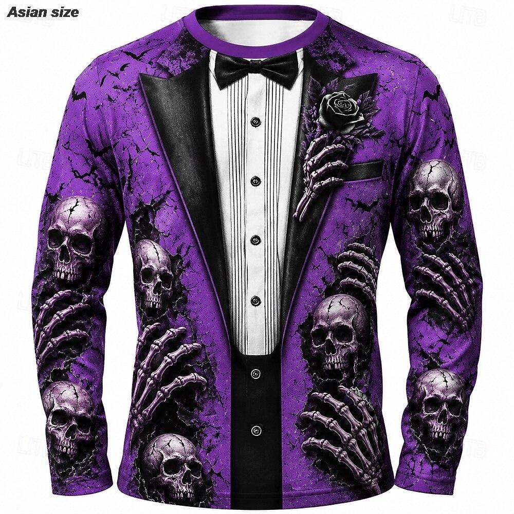 2026 Halloween Mannen Schedel Skelet T-shirt Lange Mouwen T-shirt 3D Print Ronde Hals Shirt Mode