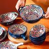 Blue Bohemian Porcelain Microwave-Safe Rice Bowl and Plate Set