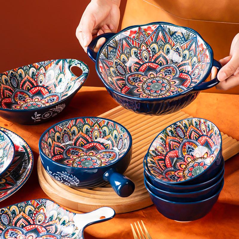 Blue Bohemian Porcelain Microwave-Safe Rice Bowl and Plate Set