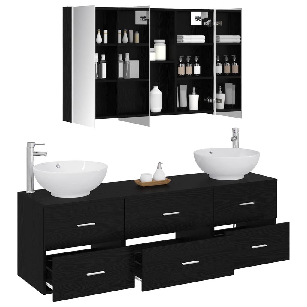 Bathroom Furniture Set 4 Pcs Black Oak Engineered Wood and Glass