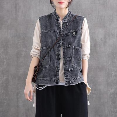 Women's Retro Chinese Style Ethnic Denim Vest - Spring/Summer Casual Large Size Waistcoat